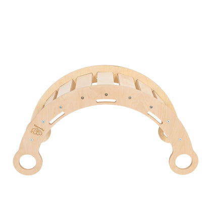 Snug Rocker for Kids Natural and Pink Pillow – underside curved rocker base birch wood detail | Nestling