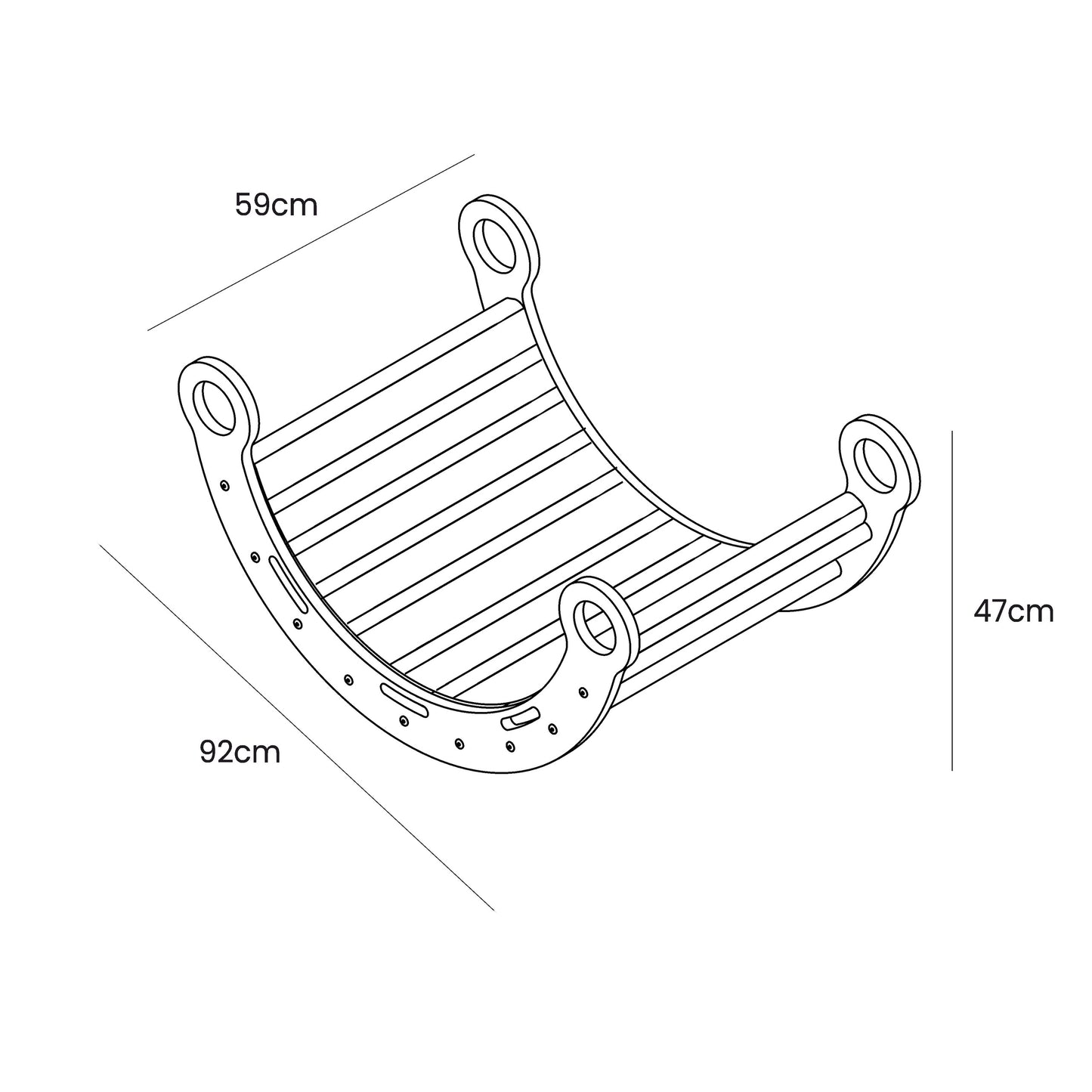 Snug Rocker dimensions diagram showing 92cm width, 59cm depth, 47cm height