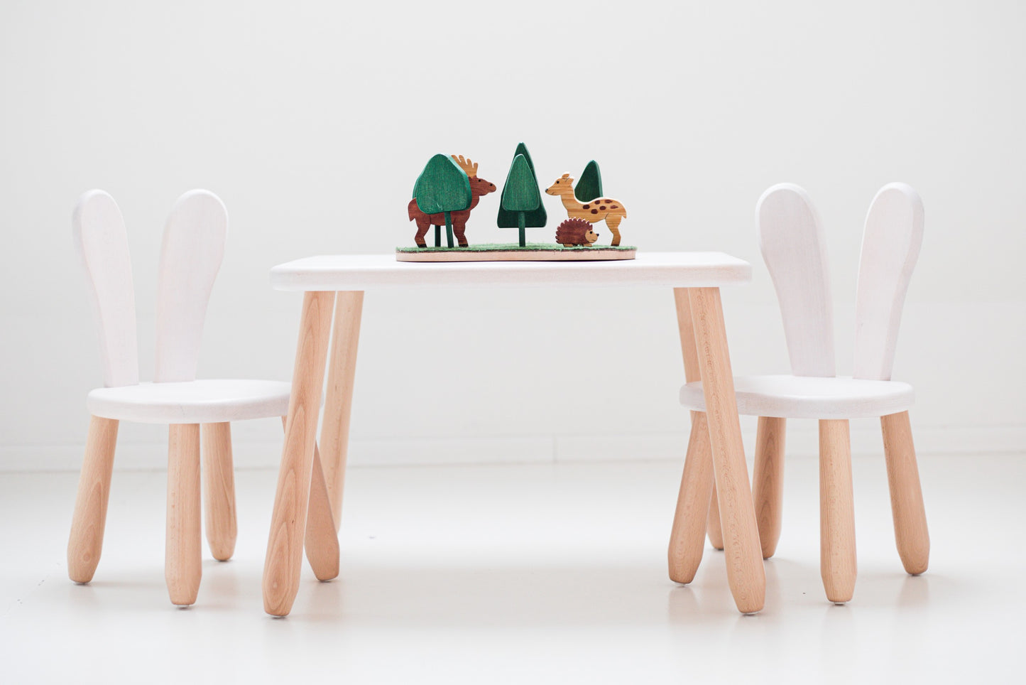 Kidozia Bunny beech wood table and chair set showing the bunny motif