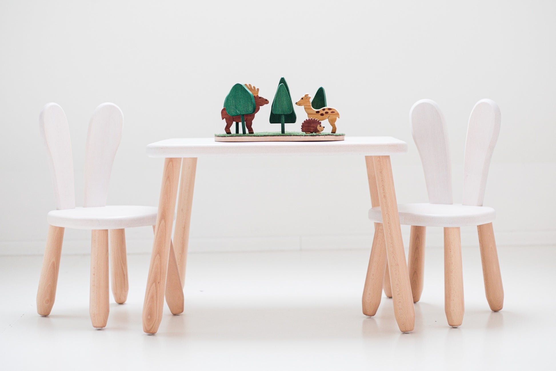 Kidozia Bunny beech wood table and chair set showing the bunny motif