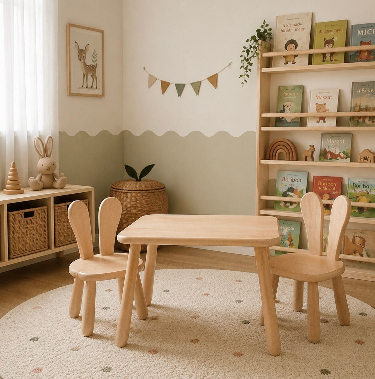 Child sitting at Kidozia Bunny beech wood table and chair set