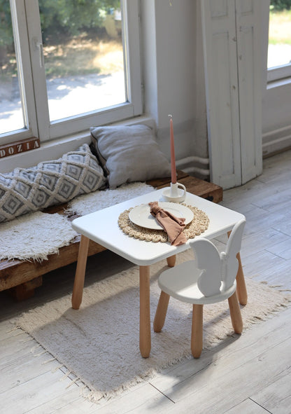 Side view of Kidozia Butterfly beech wood kids table and 2 chairs, Scandinavian design