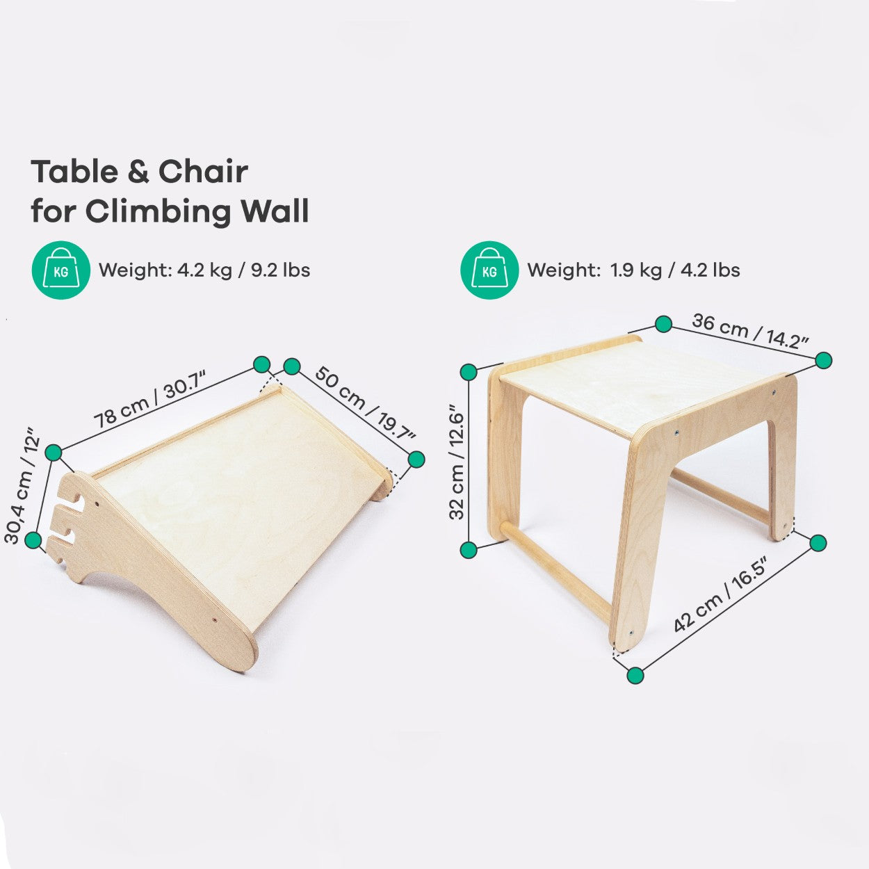 Dimension diagram showing table and chair measurements for climbing wall desk set
