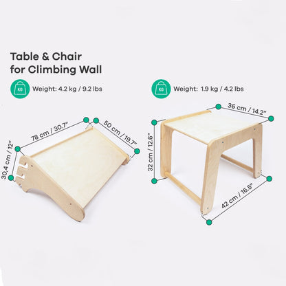 Dimension diagram showing table and chair measurements for climbing wall desk set