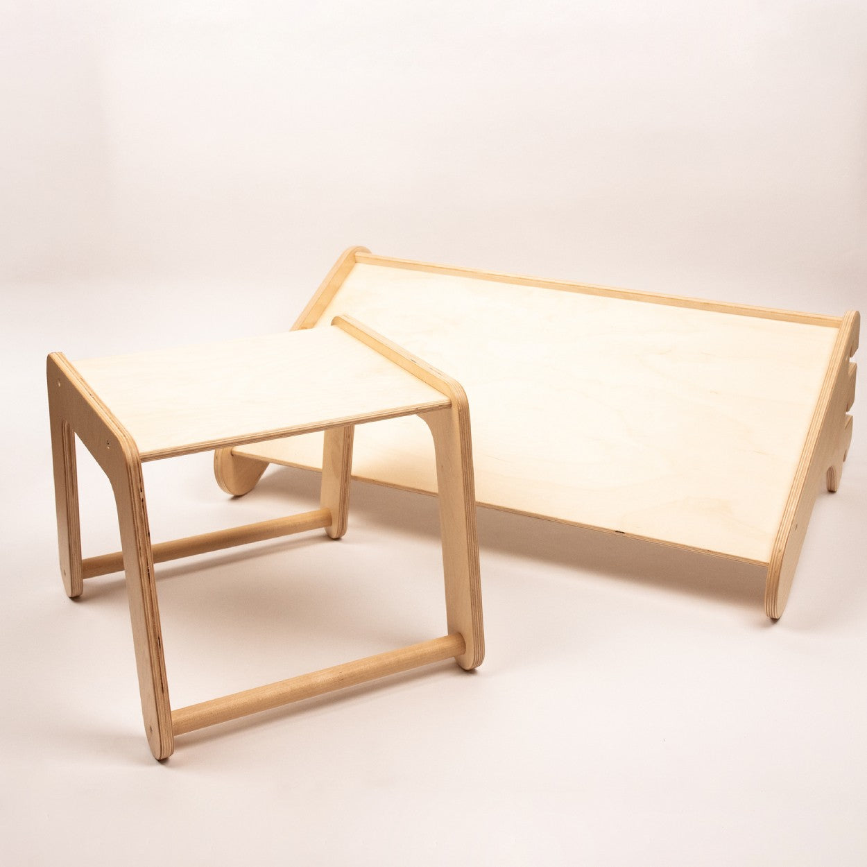Birch plywood table and chair set displayed separately on white background