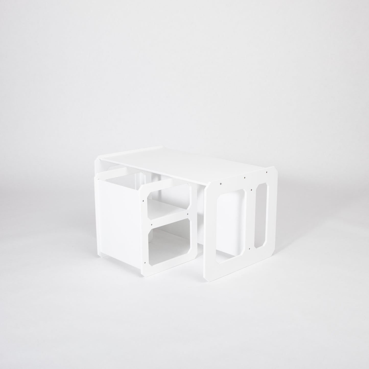 Natural birch Montessori table and chair set, flat lay photography