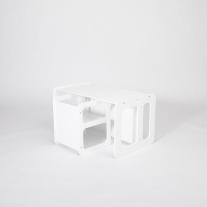 Natural birch Montessori table and chair set, flat lay photography