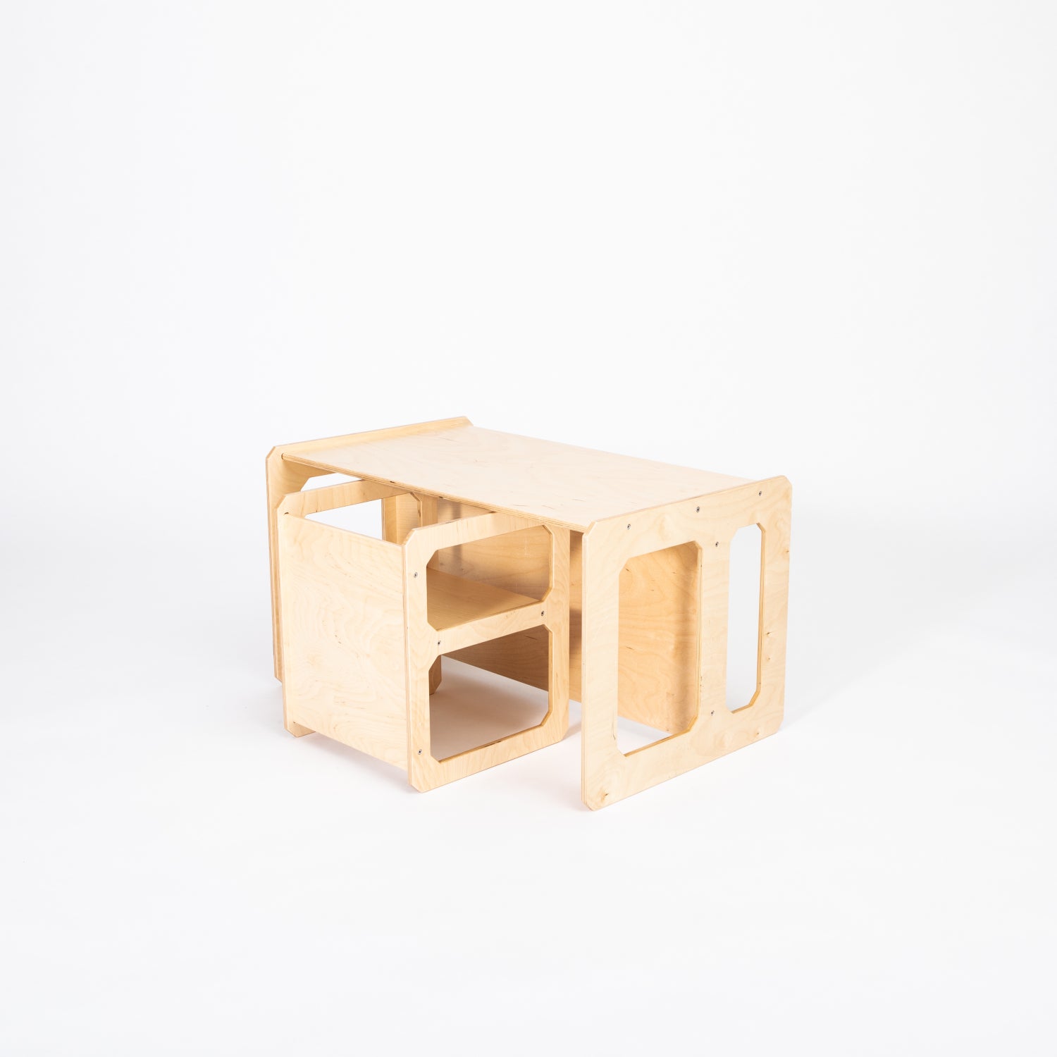 White Montessori weaning table and single chair with storage for toys