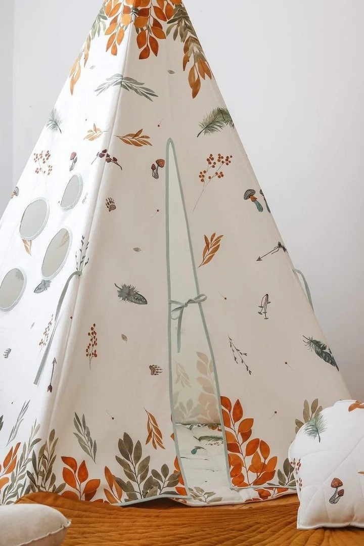 Teepee tent exterior displaying full forest friends design with deer and botanical motifs