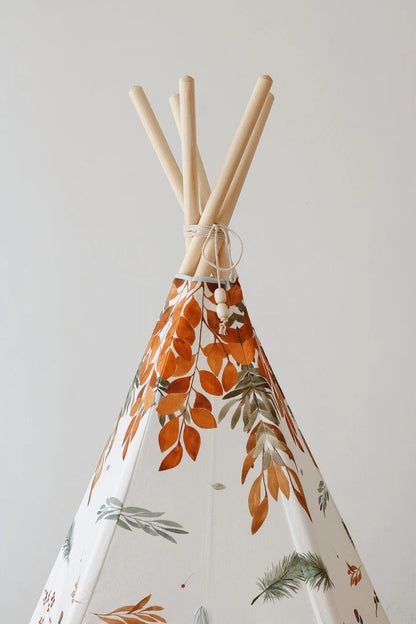 Wooden poles and canvas top of Forest Friends teepee tent from above