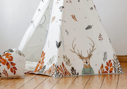 Interior view of cotton teepee showing forest pattern floor and open entrance