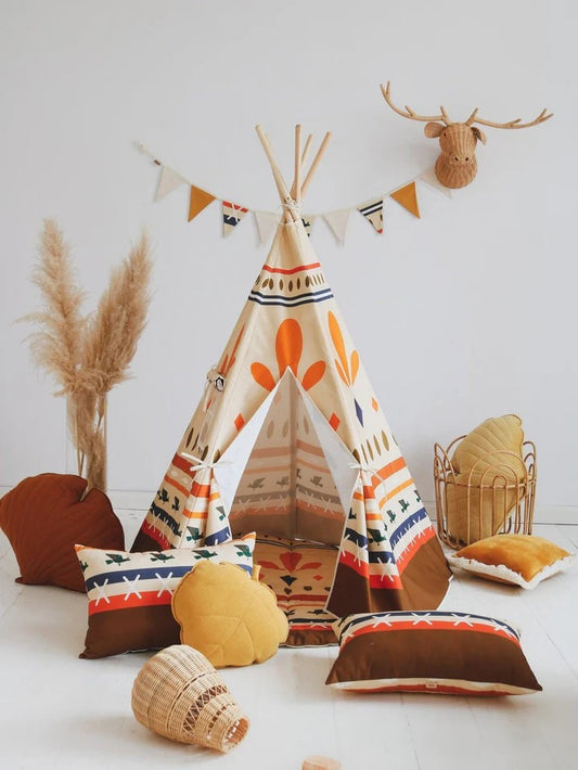 Native Vibe teepee tent with geometric tribal prints displayed indoors with matching cushions and decorative accessories