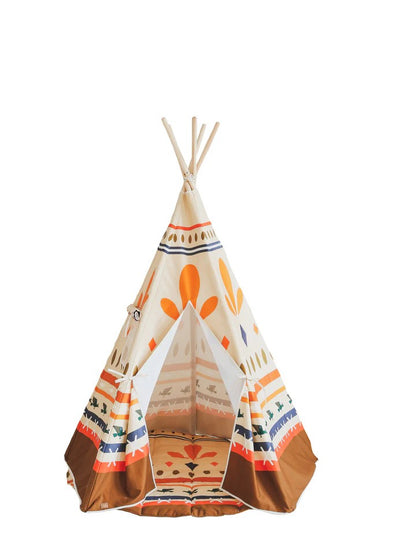Straight-on product shot of Native Vibe teepee tent showing symmetrical five-wall design and tribal prints