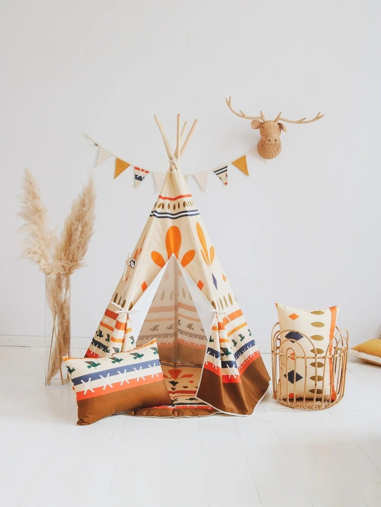 Full view of Native Vibe teepee tent from angle showing five-wall structure and complete tribal geometric design
