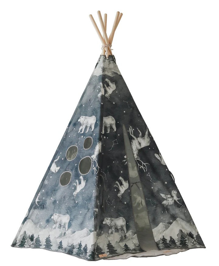 Night Sky teepee tent front view with pine wood poles and five-wall structure isolated on white