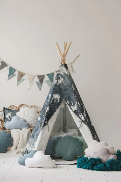 Night Sky teepee tent entrance open showing interior space with cloud pillows and cushions