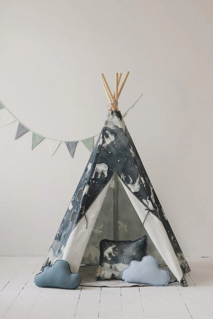 Night Sky teepee tent front view displaying full starry animal pattern and canvas interior