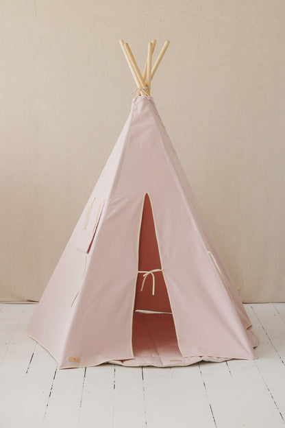 Pink teepee tent viewed from front showing doorway opening and interior red fabric visible