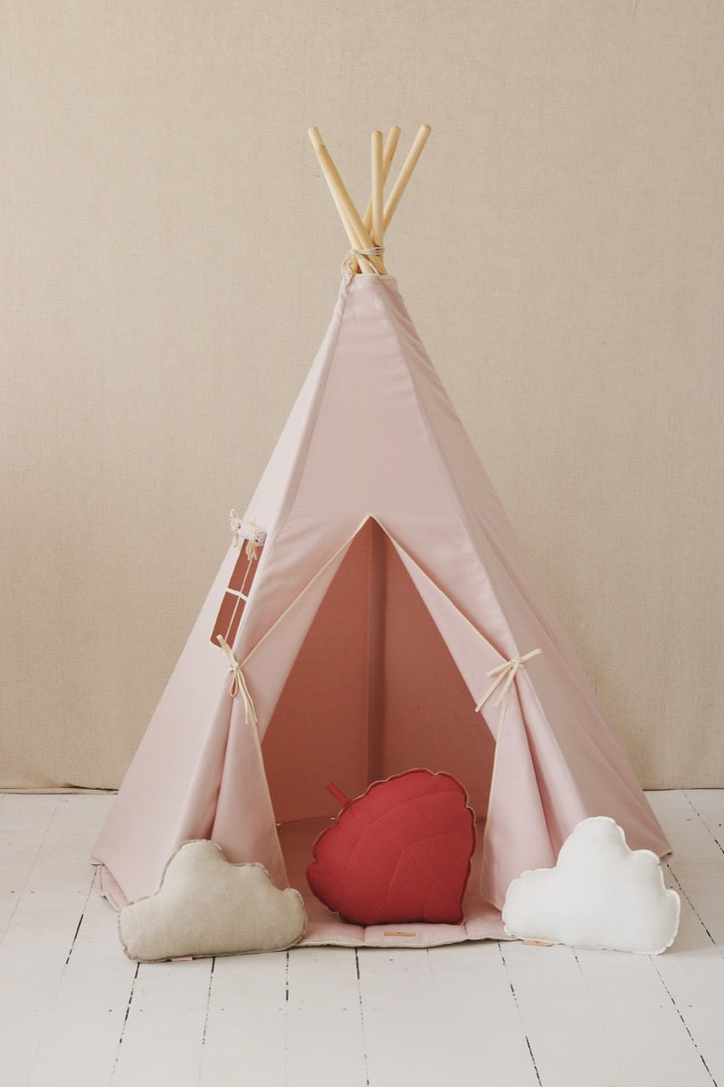 Pink kids teepee tent fully assembled with cloud-shaped pillows at entrance for play space