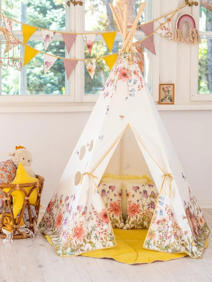 Interior view of Wildflowers teepee with yellow base mat and inner pocket storage with floral print