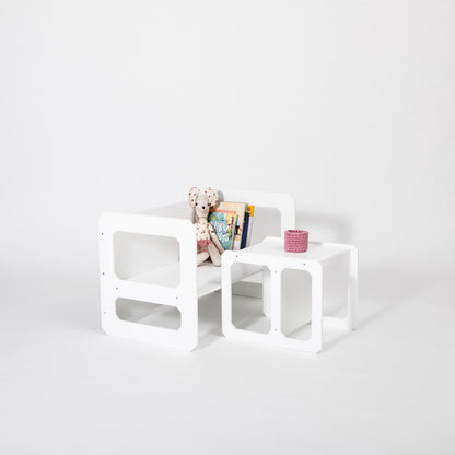 Black Montessori weaning table and chair set with visible compartments