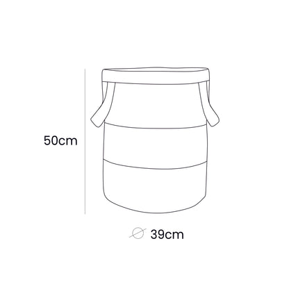 Grey toy storage basket dimensions showing 50cm height and 39cm diameter