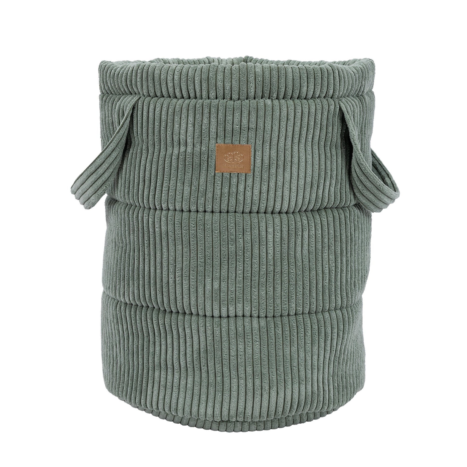 Empty olive green corduroy toy storage basket with fabric handles