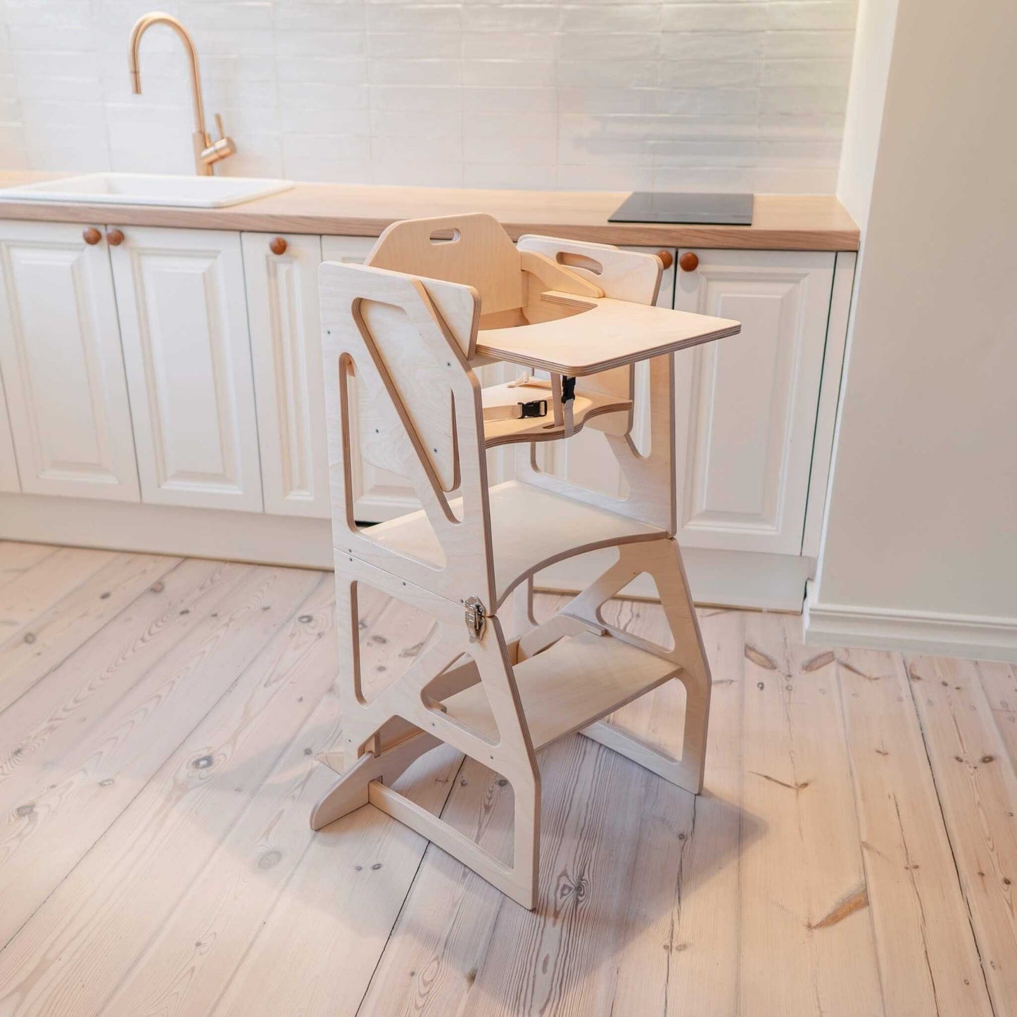 Natural wood kitchen tower folded into table and chair dining set