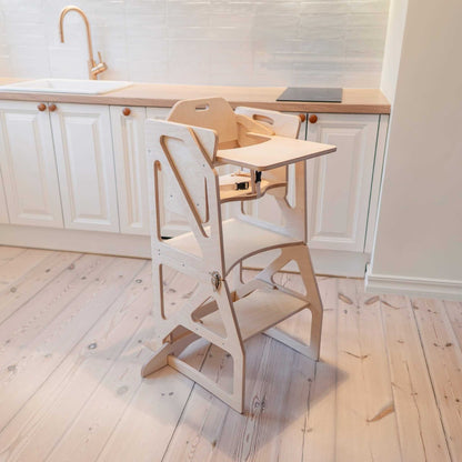 Natural wood kitchen tower folded into table and chair dining set