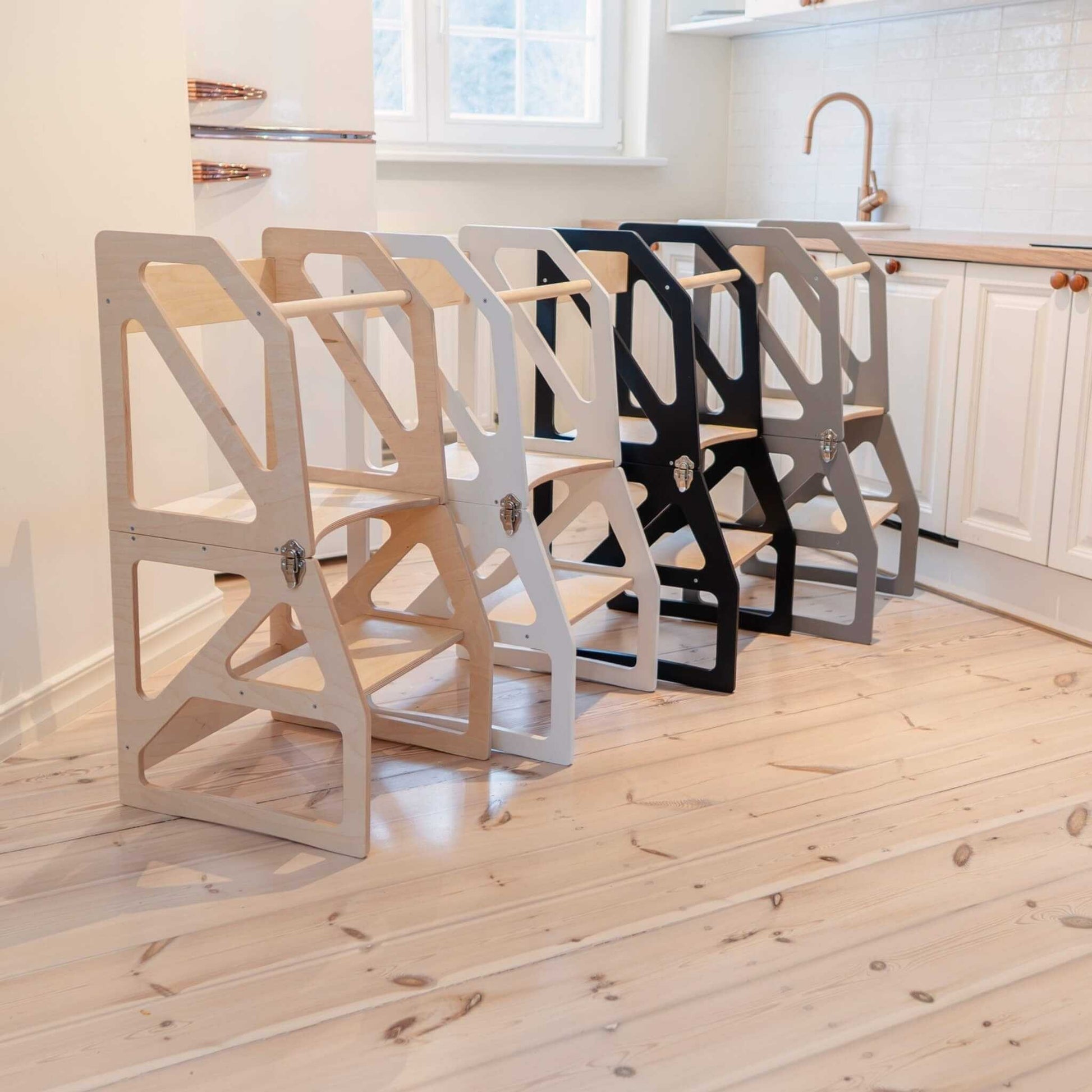 Natural wood kitchen tower with attached tray table extended feature