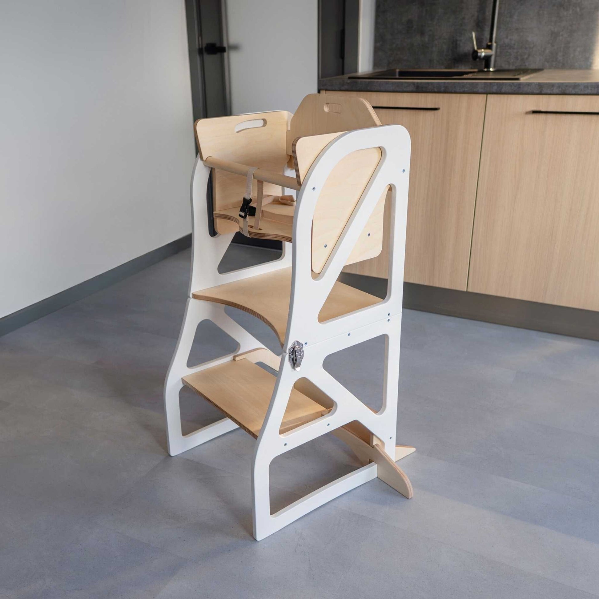 White high chair configuration with birch seat and backrest, front view