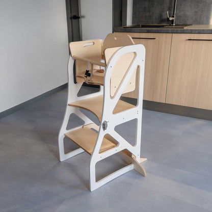 White high chair configuration with birch seat and backrest, front view