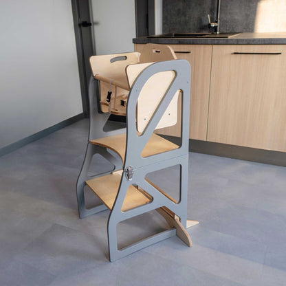 Gray kitchen tower step stool with birch plywood steps and high chair back