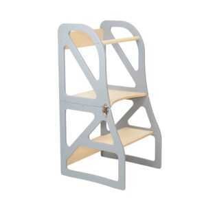 Gray transformable kitchen tower with birch steps, product studio shot