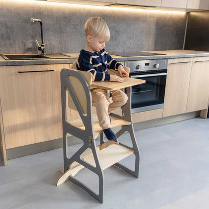 Gray and cream kitchen tower high chair combo, front facing view