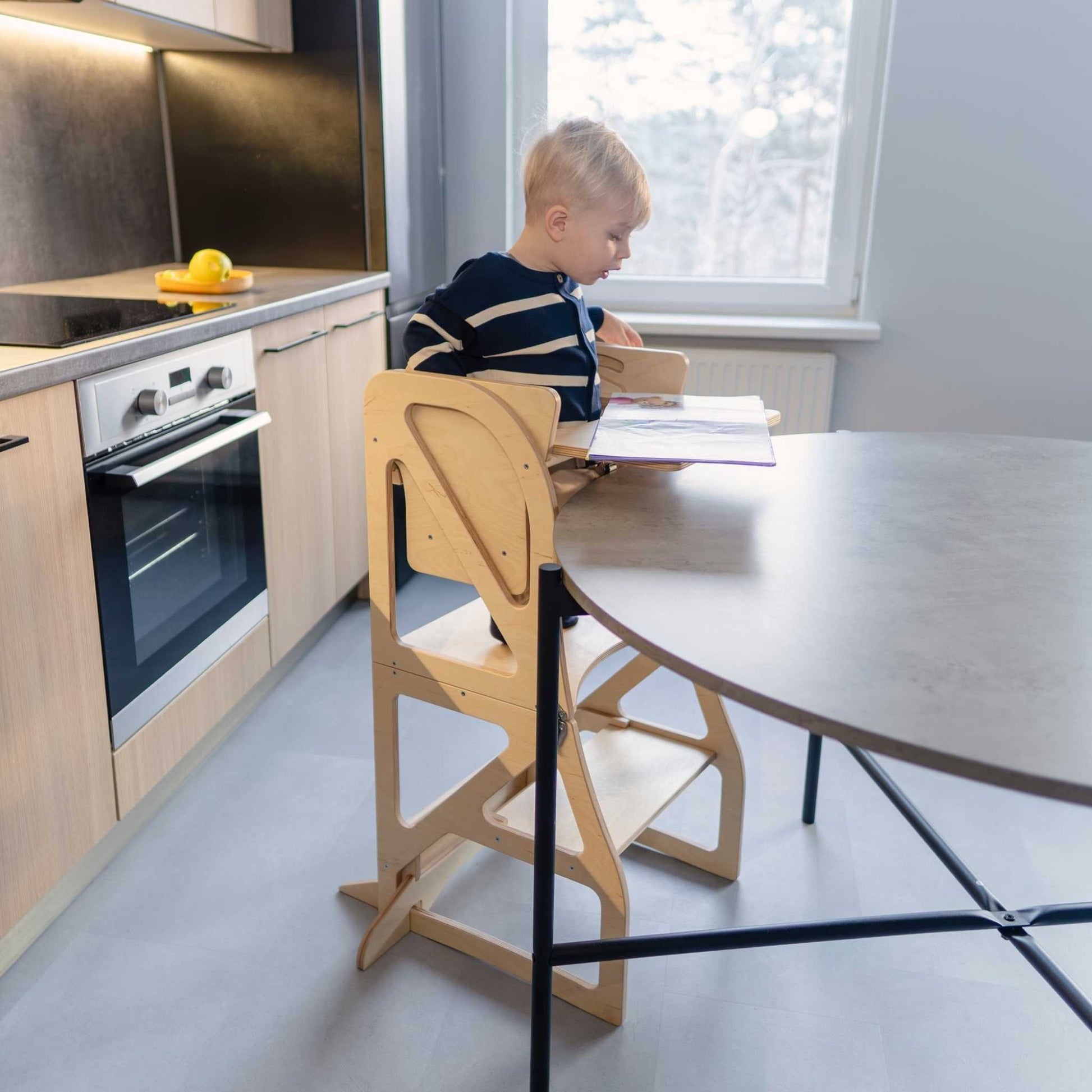 Beige birch plywood kitchen tower with table and high chair folded combo