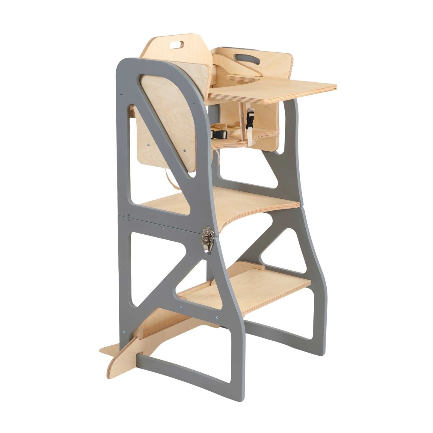 Gray kitchen tower learning step with birch plywood, product display angle