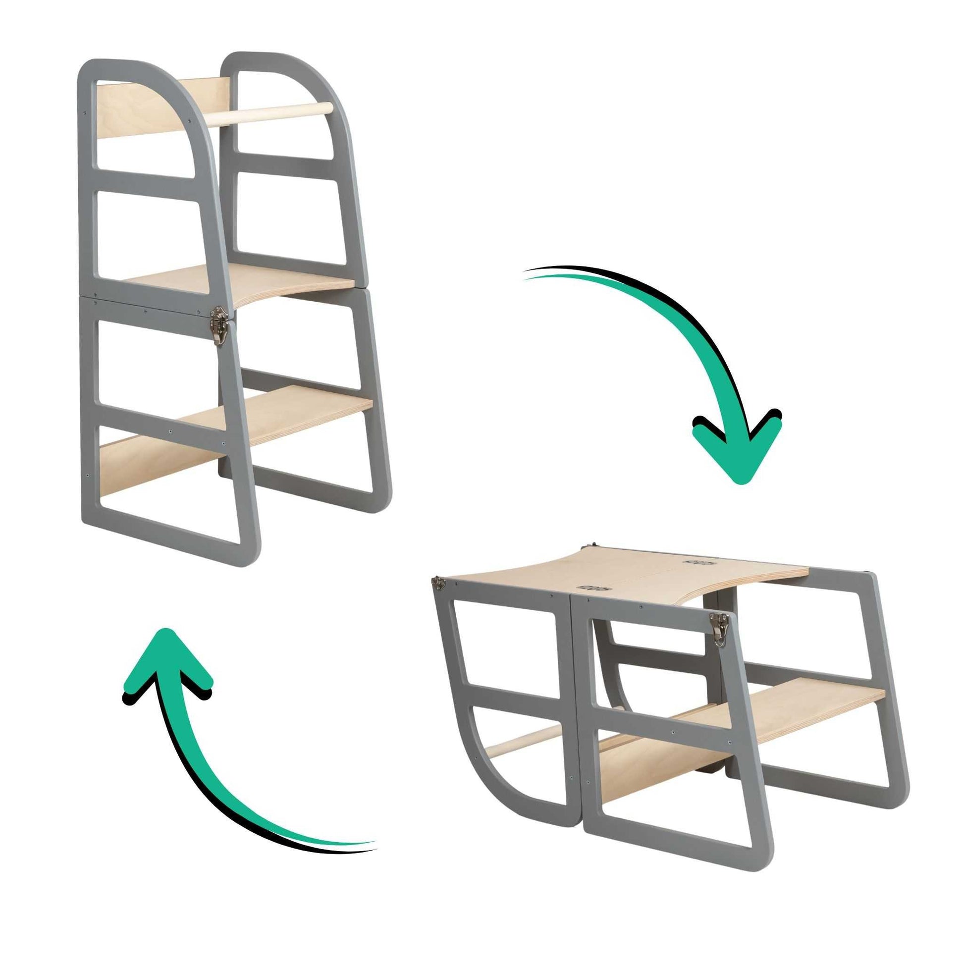 2-in-1 transformation diagram showing grey tower converting to table and chair