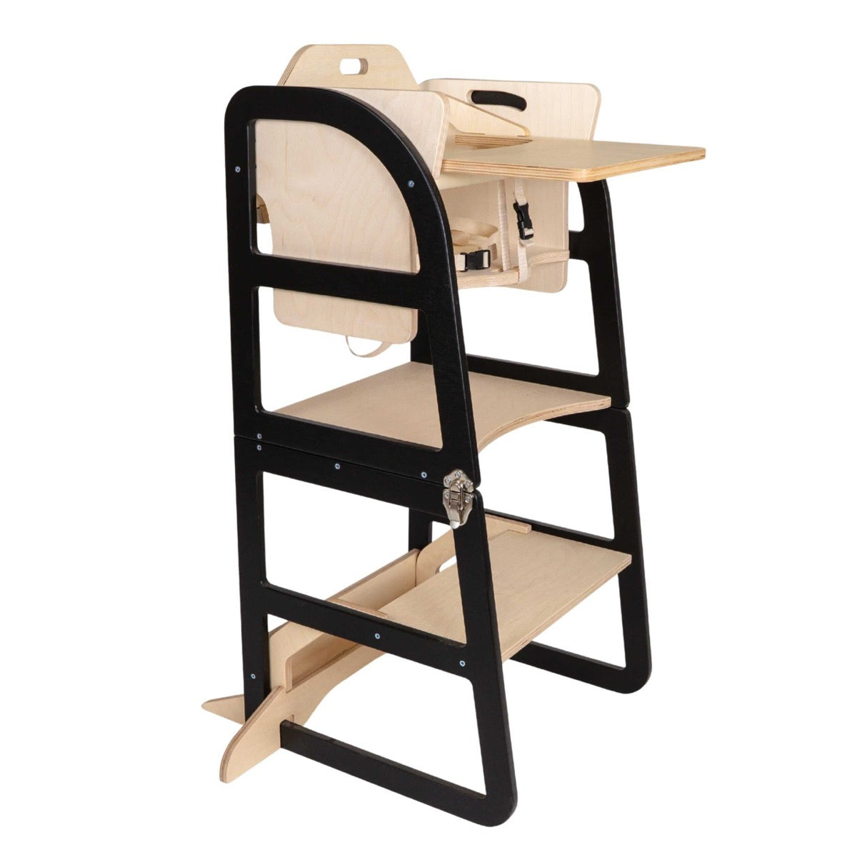 Product shot of black kitchen tower with wooden components from side angle
