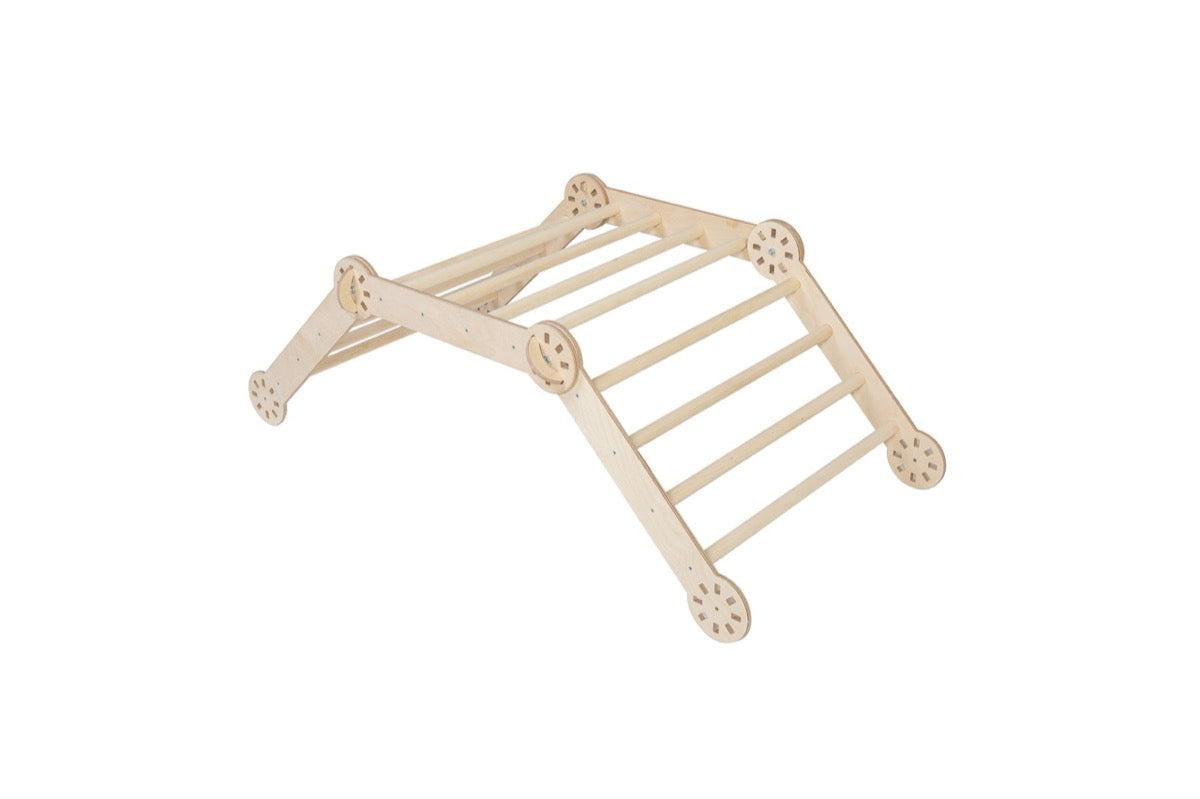Baltic birch climbing triangle with ramp folded into compact A-frame position