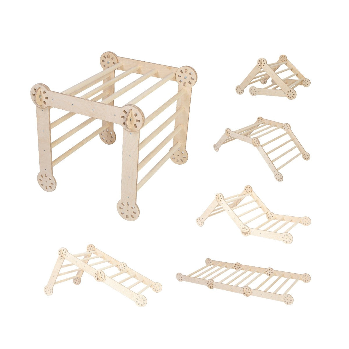 All components of foldable climbing triangle system laid out separately