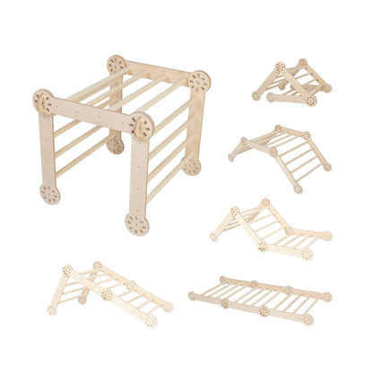 All components of foldable climbing triangle system laid out separately
