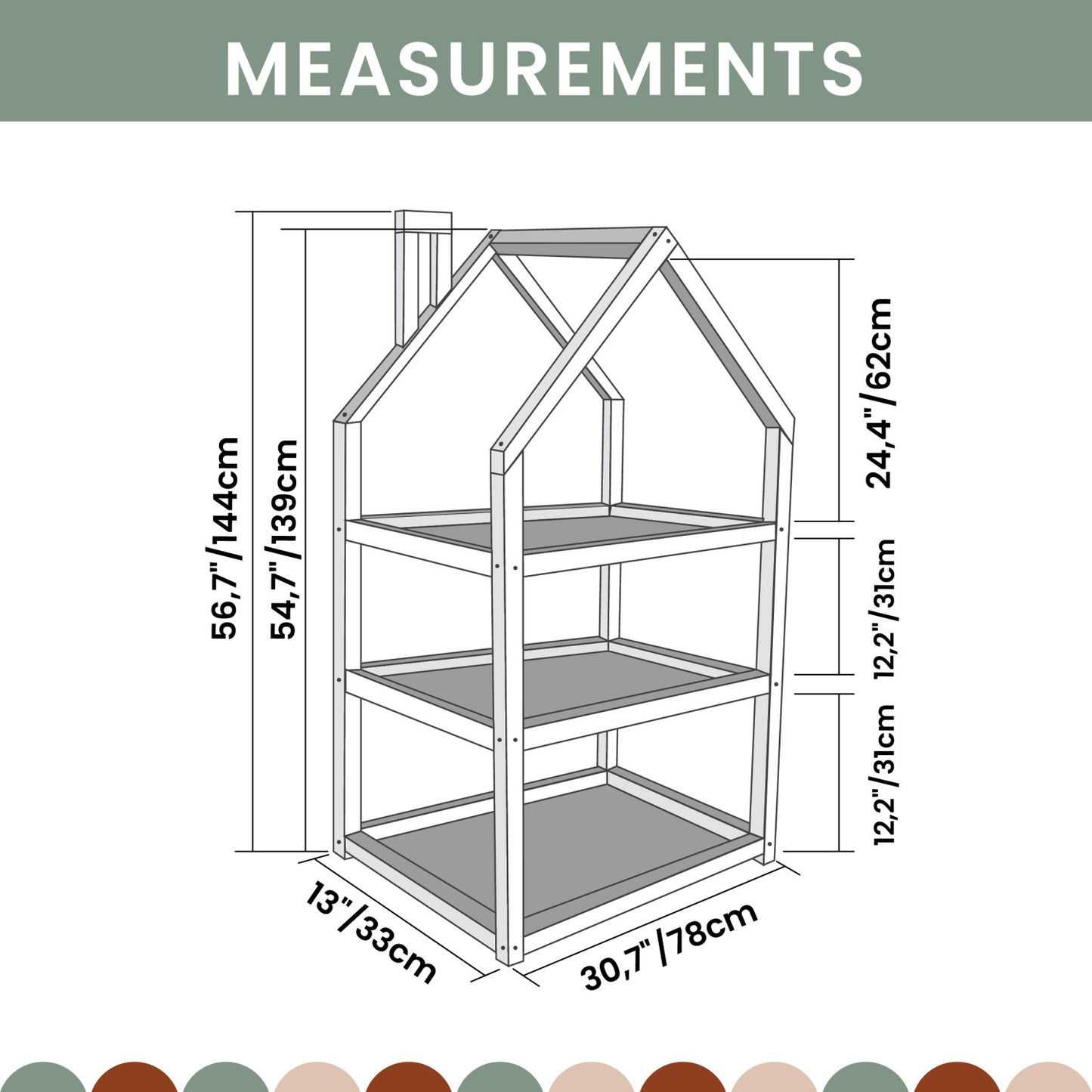 Dimension diagram of small house shelf with measurements in centimeters and inches