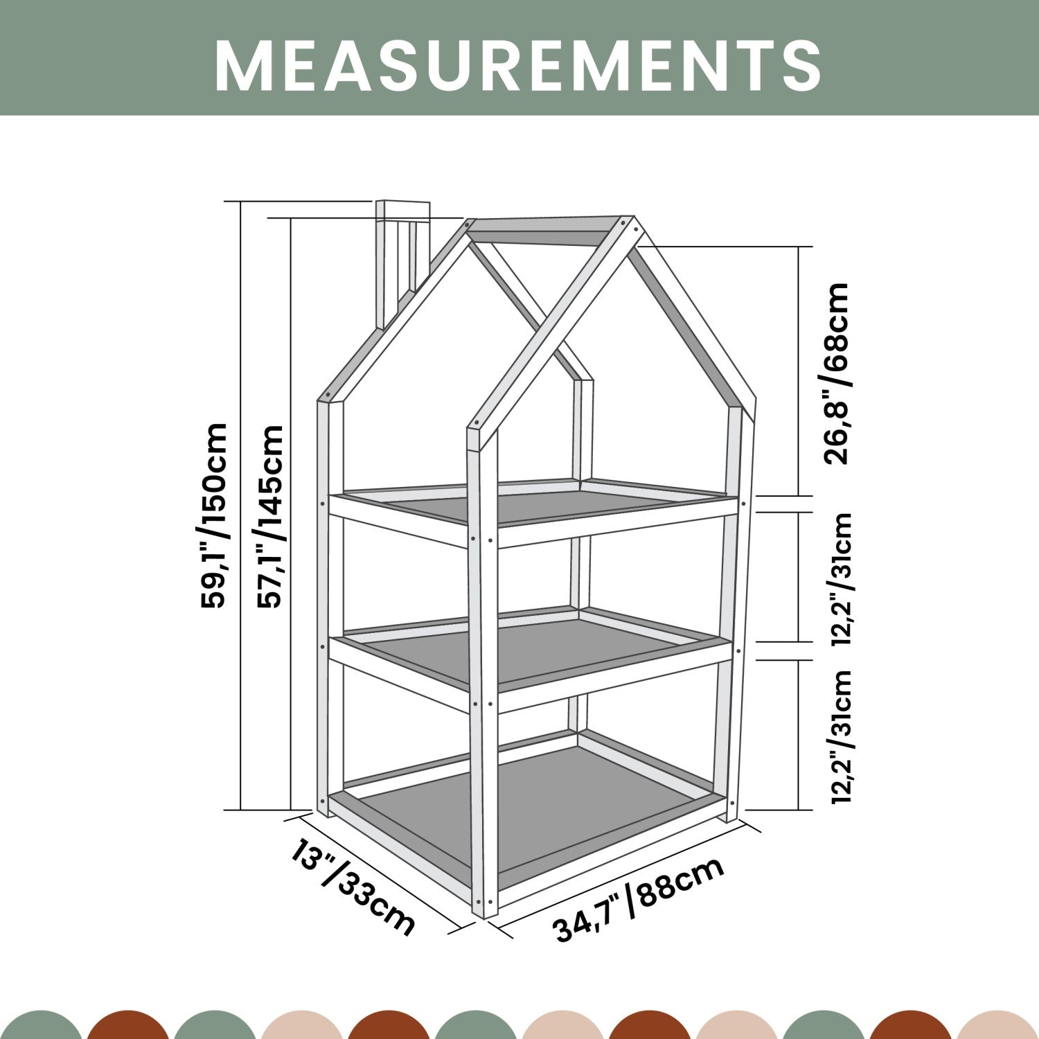 Dimension diagram of large house shelf showing multiple size options with measurements
