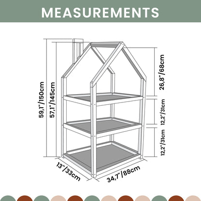 Dimension diagram of large house shelf showing multiple size options with measurements