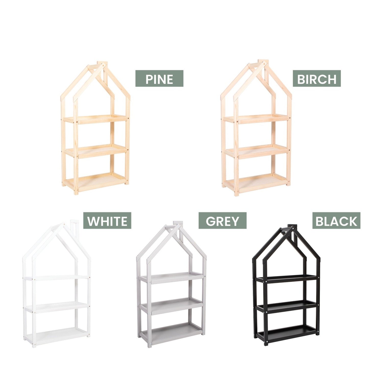 Five house-shaped shelf variations in natural wood and painted colors displayed