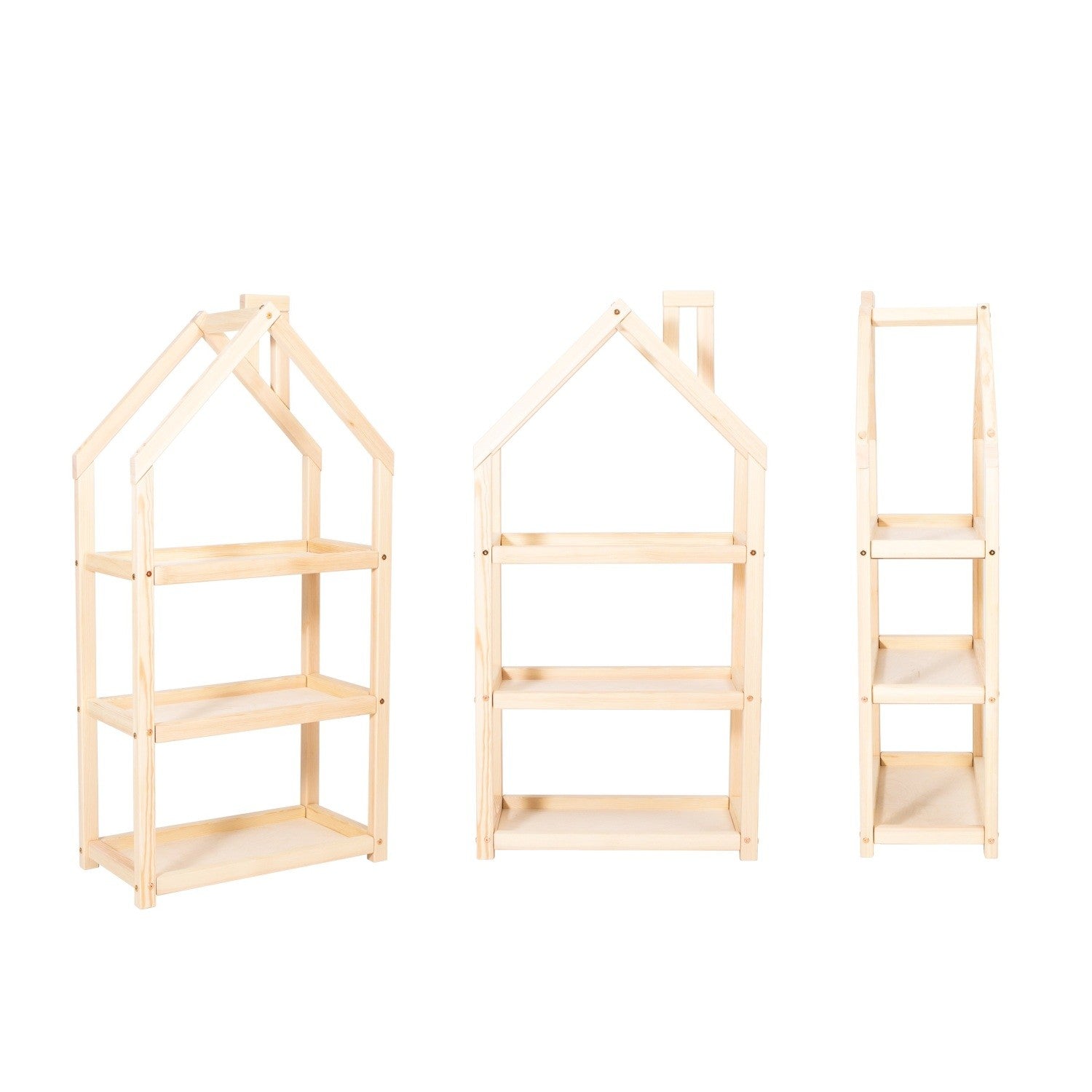 Three natural wood house shelf designs shown in front, side, and depth views