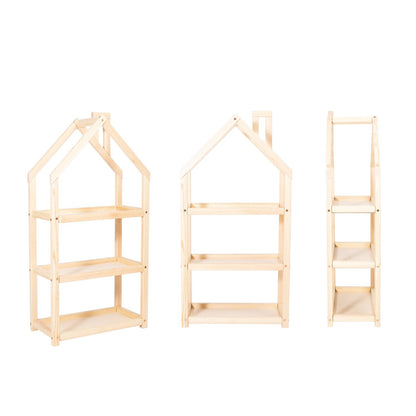 Three natural wood house shelf designs shown in front, side, and depth views