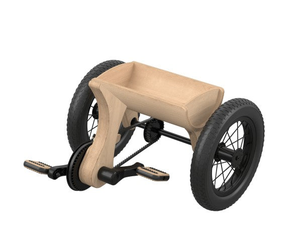 Top view of tricycle add-on showing wooden seat and three-wheel base structure