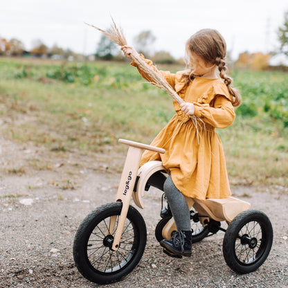 Child in yellow dress riding tricycle add-on on dirt road with field background